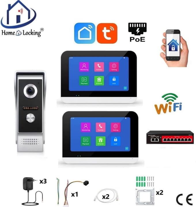Smart WIFI deur intercom/videofoon 2 touchscreens. T-2301-1-2