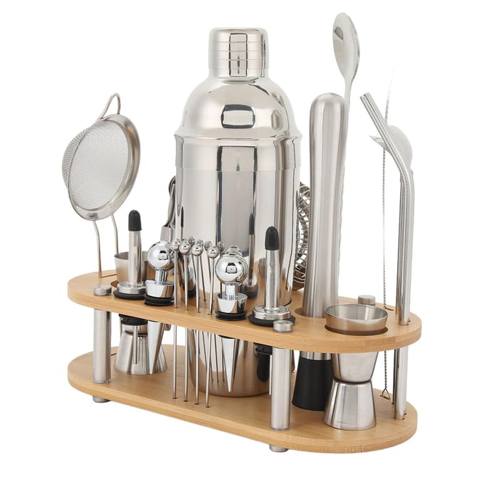 Cocktail Shaker Set Roestvrij Staal Multifunctionele Bartender Kit Bamboe Standaard voor Home Bar Feest L white