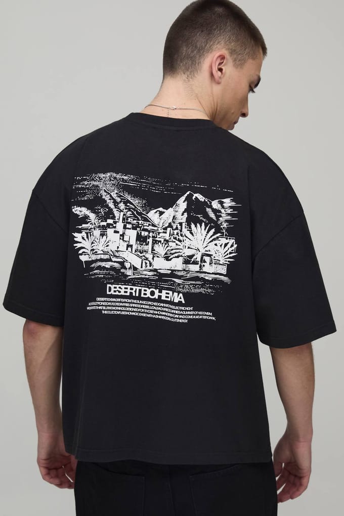 Oversized Boxy T-shirt Met Woestijnlandschap Print | Black | Size Medium