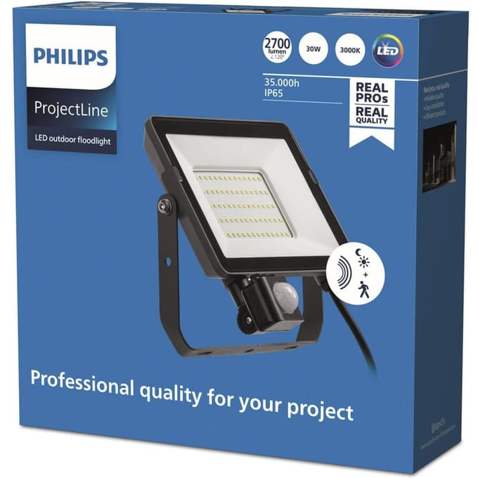 Philips Breedstraler Projectline - Zwart - 30w - 2700lm - Warm Wit - Ip65 - Met Bewegingssensor