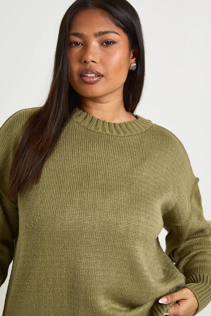 boohoo Dames Plus Zichtbare Naad Gebreide Trui | Olive | Maat: 28