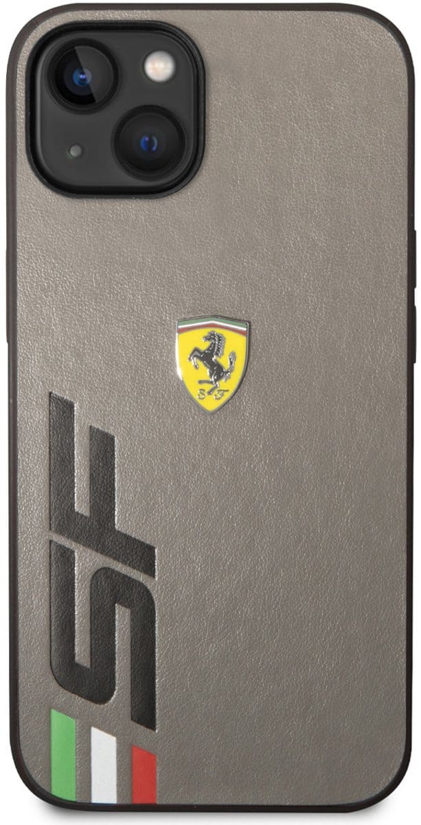 Ferrari Back Cover - Real Leather - iPhone 14 Plus & 15 Plus - Grijs - Sportief Design met SF-logo