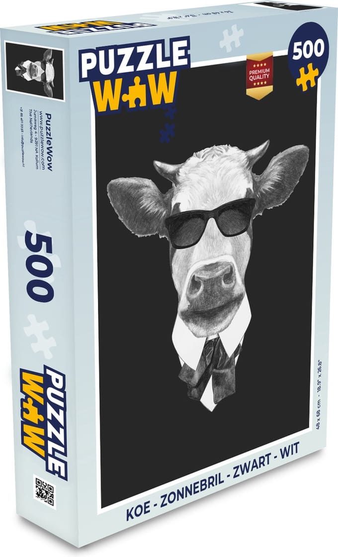 Puzzel Koe - Zonnebril - Zwart - Wit - Legpuzzel - Puzzel 500 stukjes
