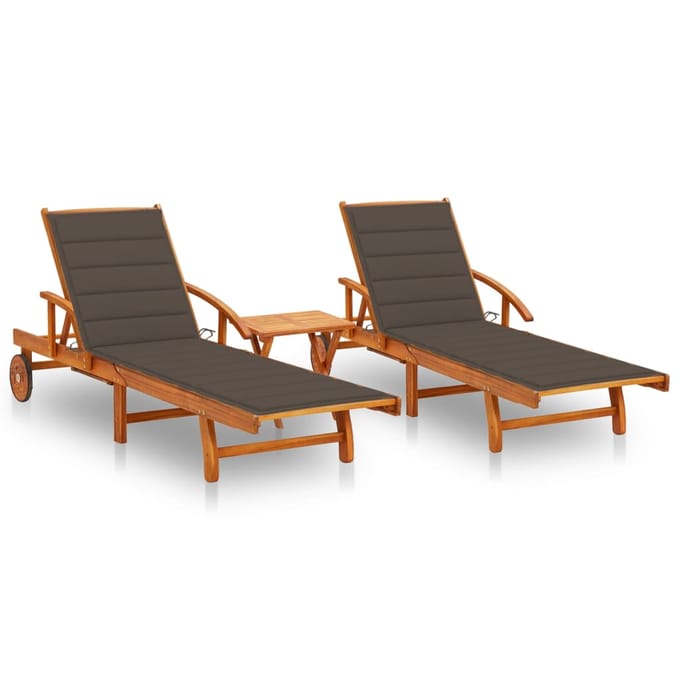 vidaXL - Ligstoelen - 2 - st - met - tafel - en - kussens - massief - acaciahout