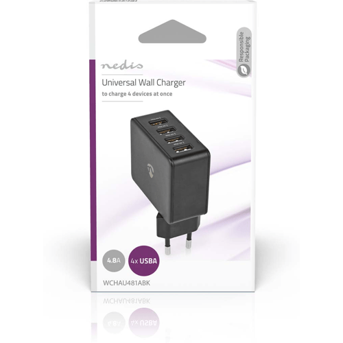 Nedis Universal 4-Port USB-A 4.8A Wall Charger-Zwart (Diversen) Nieuw