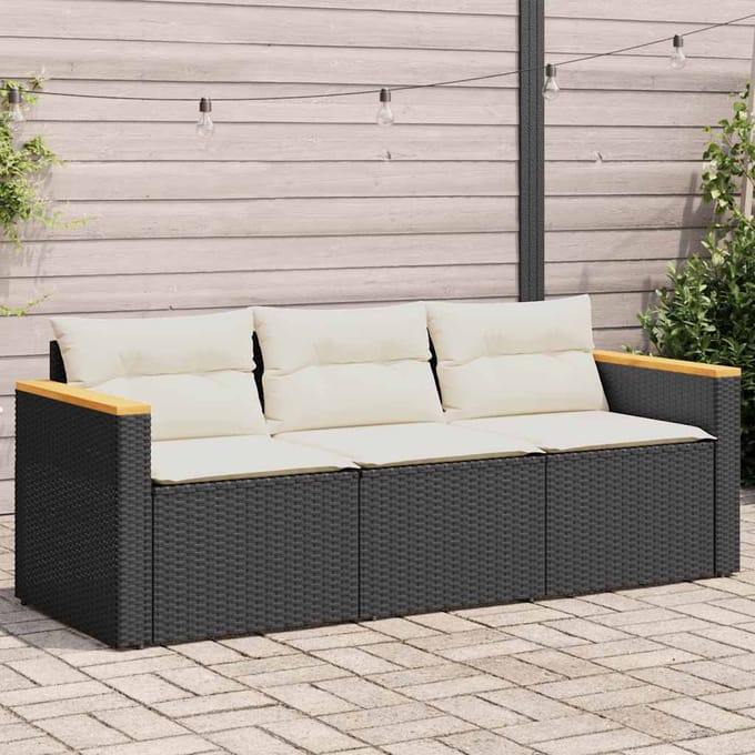 vidaXL - Tuinbank - 3-zits - met - kussens - poly - rattan - zwart