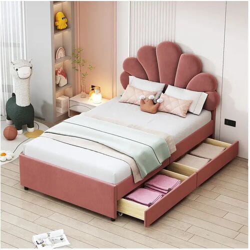 Merax Fluweel gestoffeerd bed 90 x 200 cm met 4 lades - bloemvormig hoofdeinde - roze