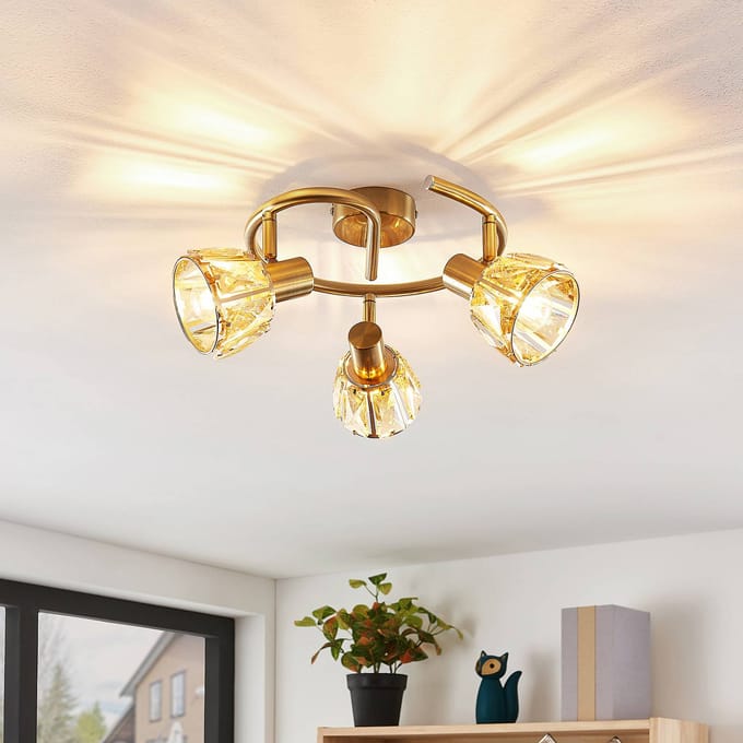 Lindby - plafondlamp - 3lichts - Glas, staal - H: 18 cm - E14 - helder, messing