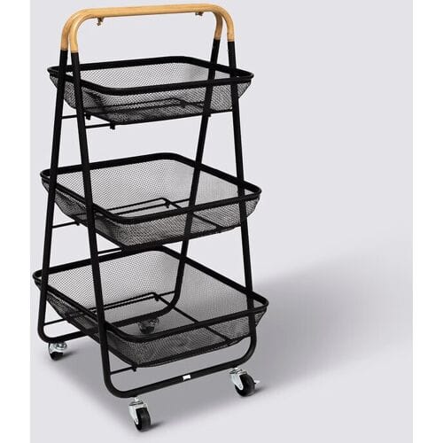 5Five Keuken/badkamer opberg trolley - 3 laags - zwart - 48 x 41 x 87 cm - mesh metaal