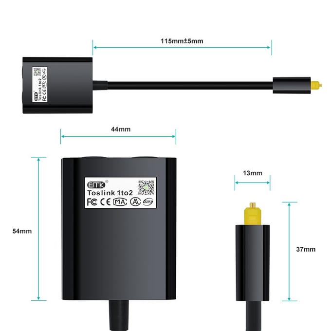 1 tot 2 audioadapter Digitale optische kabelsplitter Glasvezel Audioadapter Glasvezel zwart