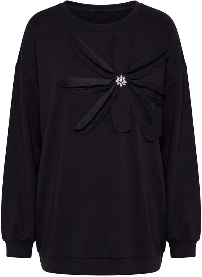 MIAMODA - Dames - Sweatshirt A-lijn versierde 3D-bloemen - Zwart - Maat 42