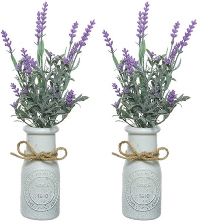 Lavendel kunstplant - 2x stuks - in witte pot - lila paars - H32 cm - lavandula