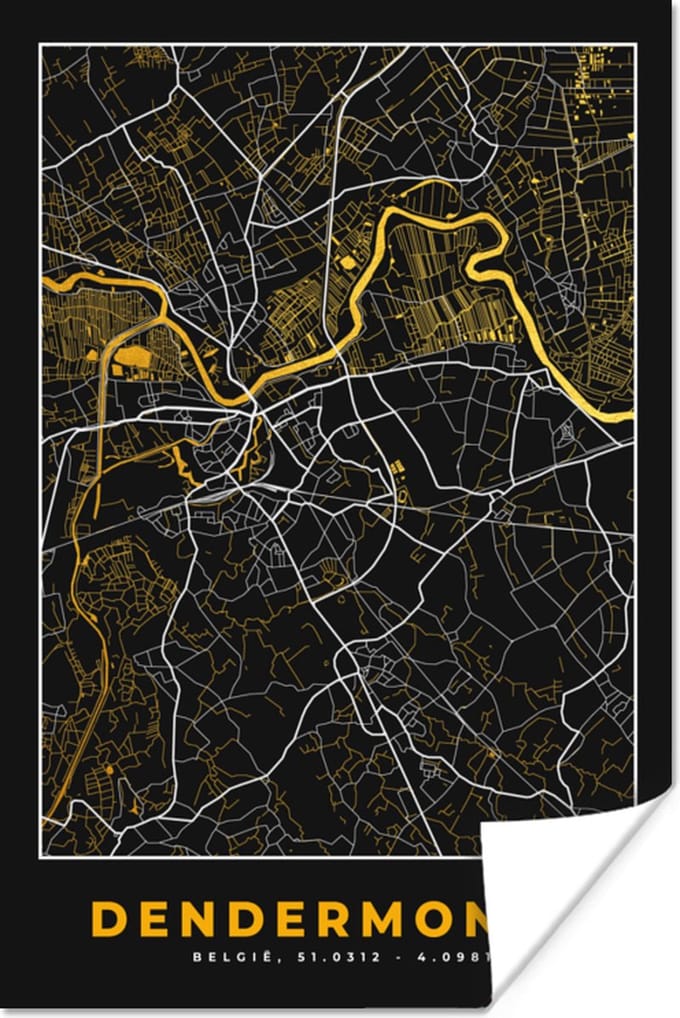 Poster Dendermonde - Goud - Kaart - Stadskaart - Plattegrond - 20x30 cm
