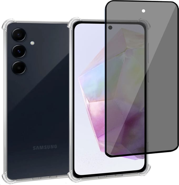 Hoesje + Privé Screenprotector geschikt voor Samsung Galaxy A35 – Privacy Tempered Glass - Case Transparant