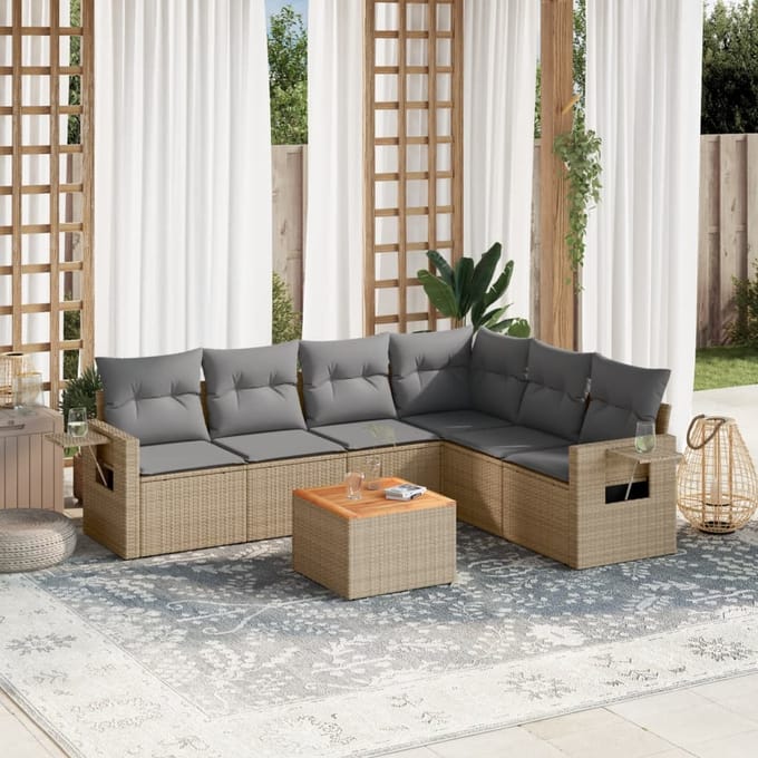 vidaXL - 7-delige - Loungeset - met - kussens - poly - rattan - beige