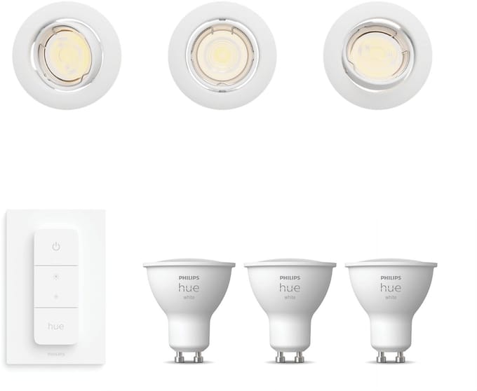 Philips Hue Peridot Set van 3 Inbouwspots (Wit) - Rond - Richtbaar - GU10 - Warmwit Licht - Incl. Hue Dimmer Switch - Hue White