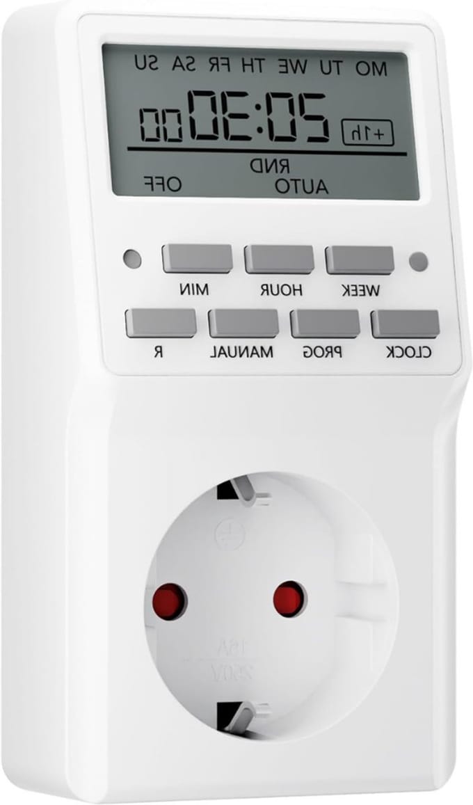 TIM® Digitale Tijdschakelaar - Digitale schakelklok Met 20 Programma’s - Schakelklok Timer – Schakelklok Digitaal – Weektimer – Countdown Functie - Zomertijdschakeling - Wit - ‎13cm x 9cm x 7cm