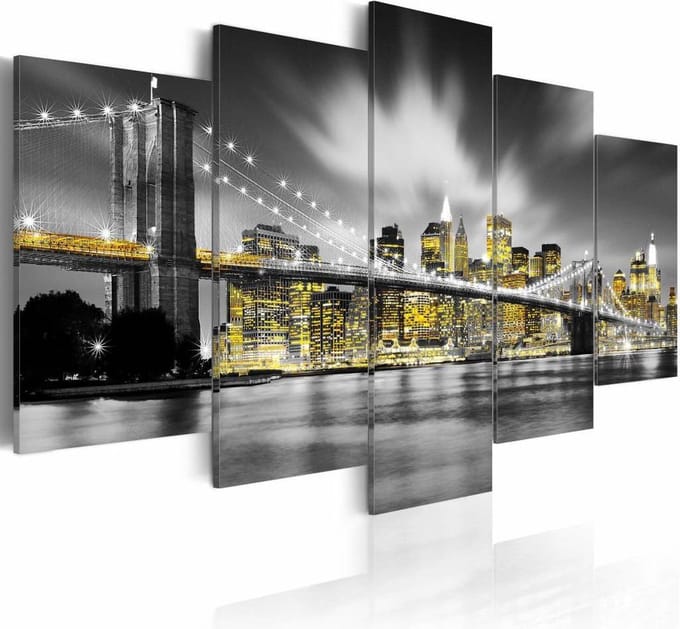 Schilderij - New York City - Geel/Zwart-Wit, 5luik, premium print