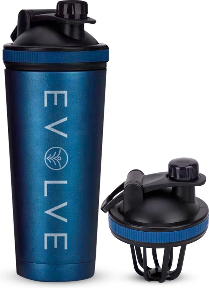 Fit Evolve® Premium RVS Shakebeker - Dubbelwandig Proteïne Shaker – Thermosfles - 720ml - Blauw