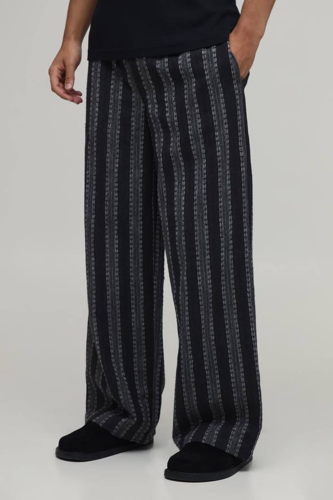 Baggy Fit Gestreepte Linnen Blend Broek | Black | Size Small