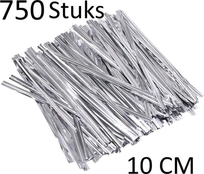 750 Sluitstrips Zilverkleurig - Cadeauverpakking - Twistdraad - 10 cm - Bindstrips