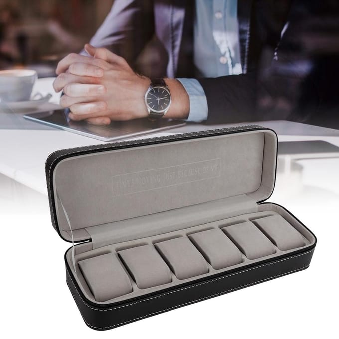 6 Sleuf PU Leer Horloge Opbergkoffer Organizer Displaydoos Gescheiden Vakken black