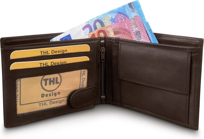 THL Design - Portemonnee Heren - Billfold - Echt Leer - 10 Pasjes - Donkerbruin