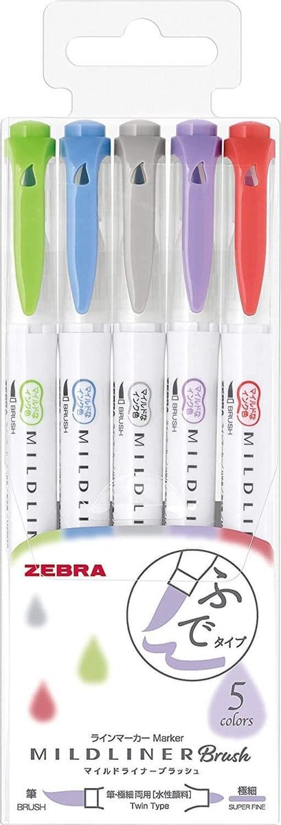 Zebra Mildliner  - Brush pennen - Dubbelzijdig - Koele kleuren - Set van 5