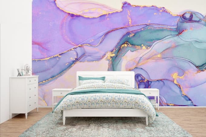 Behang - Fotobehang Goud - Marmer - Paars - Breedte 435 cm x hoogte 260 cm