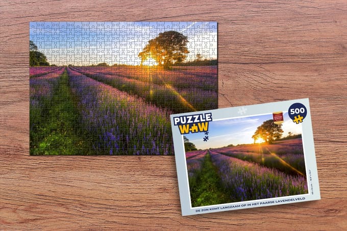 Puzzel De zon komt langzaam op in het paarse lavendelveld - Legpuzzel - Puzzel 500 stukjes