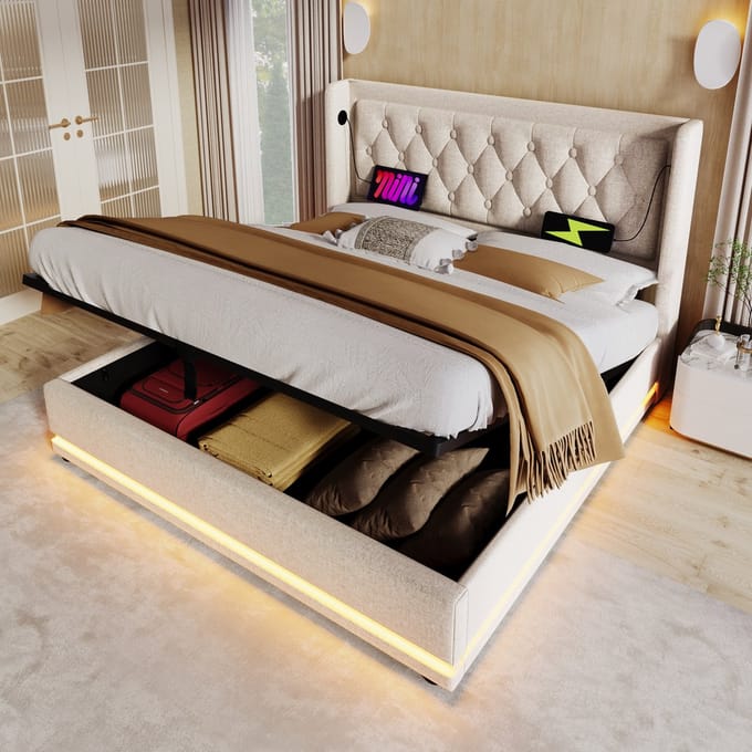 MODFU Bedframe 160x200 cm – Beige katoen met getuft wingback hoofdbord & LED – Hydraulisch