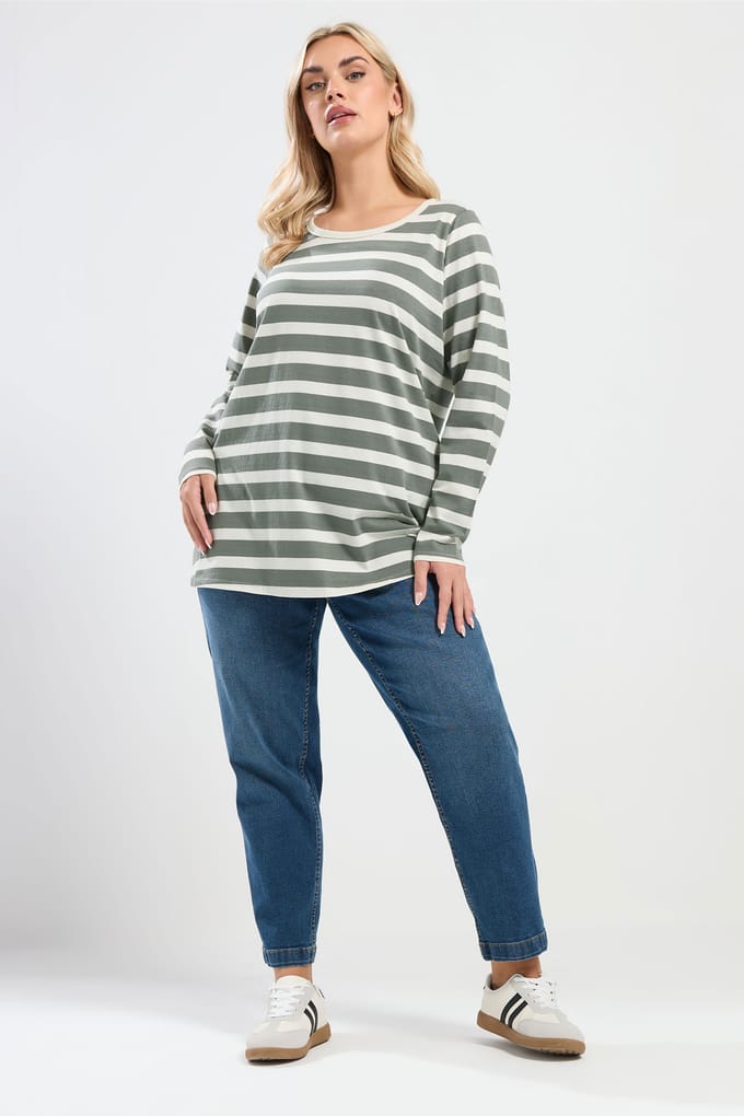 Yours Sage Green Stripe Long Sleeve Tshirt Size 54-56