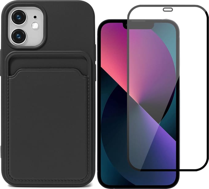 Hoesje Pasjeshouder geschikt voor iPhone 12 Mini Zwart - Siliconen Case Back Cover + Full Screen Protector Glas Screenprotector
