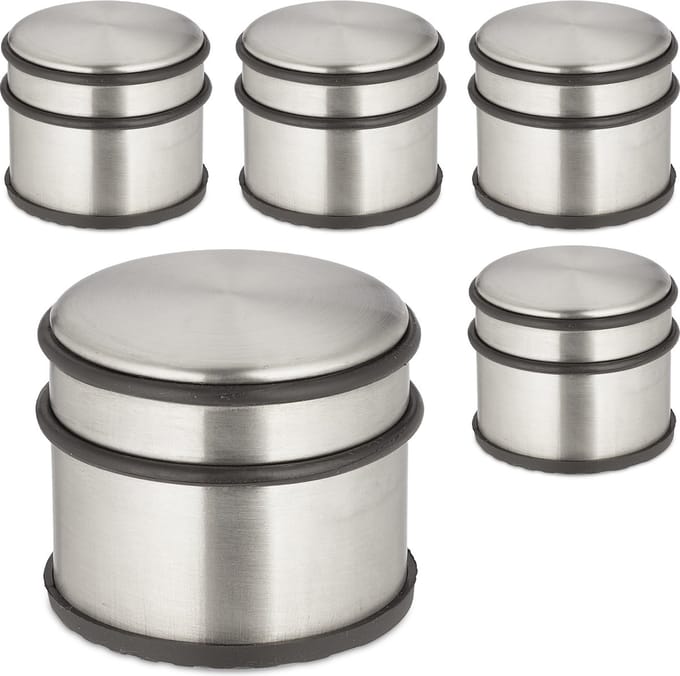 deurstopper rvs - set van 5 - hoog - antislip - rond - 7,5 x 9 cm - zilver-zwart