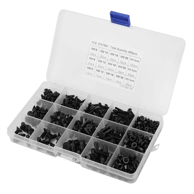 460 stuks M3 M4 M5 Zwart Graad 10.9 Inbusbouten Platte Verzonken Schroeven Moeren Set