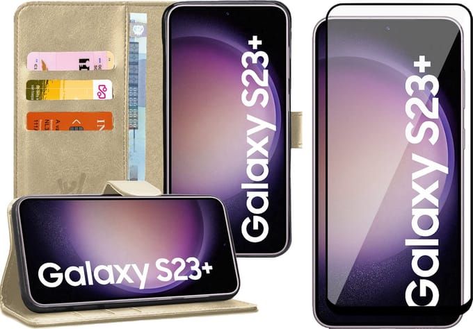 Hoesje geschikt voor Samsung Galaxy S23 Plus - Screen Protector FullGuard - Book Case Kunstleer Pasjeshouder Goud & Screenprotector