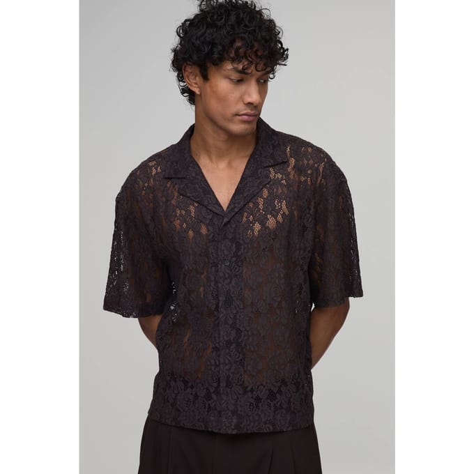 Oversized Boxy Revere Overhemd Met Korte Mouwen En Kant | Chocolate | Size Medium