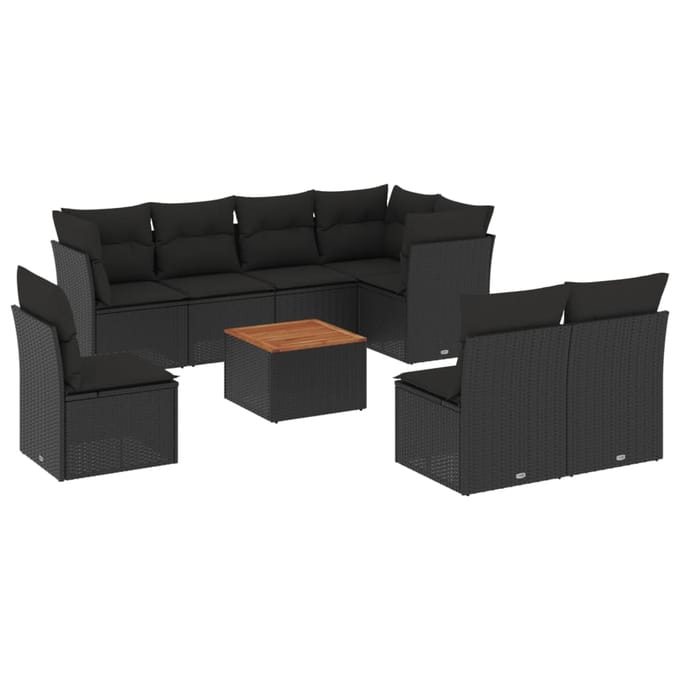 vidaXL - 9-delige - Loungeset - met - kussens - poly - rattan - zwart