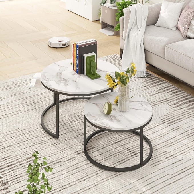 Set van 2 Ronde Salontafels met Marmerlook en Gouden Frame - Wit & Zwart