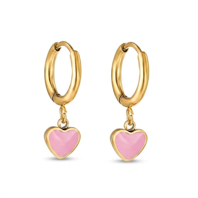 WeLoveSilver - Oorringen - roze hartje - 17 mm - goudkleurig