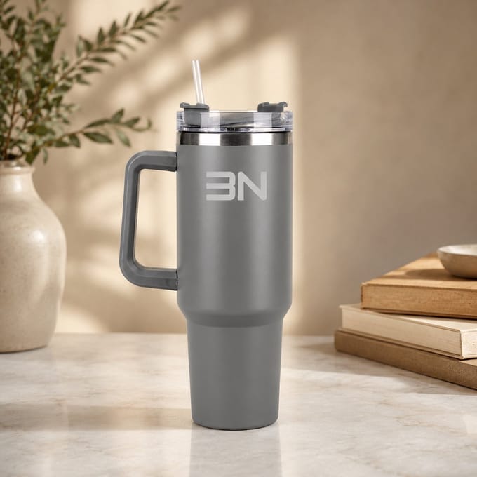 Thermosbeker 40oz (1200 ml) – RVS – Met Rietje & Handvat – Dubbelwandig Geïsoleerd – Grijs