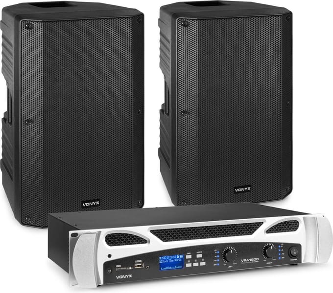 Vonyx set met 2x passieve speakers en versterker - 1000W - 15 Inch - Bluetooth
