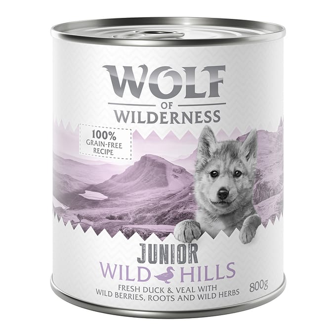 12x800g Little Wild Hills Junior Eend & Kalf Wolf of Wilderness Hondenvoer