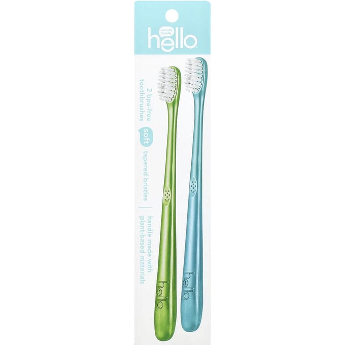 Bonjour, brosse à dents sans BPA, poils souples, vert/bleu, lot de 2 white