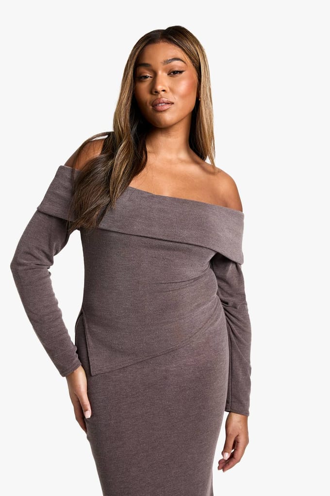 boohoo Dames Plus Two Tone Rib Uitschouder Top & Maxi Rok Co-ord | Chocoladebruin | Maat: 52