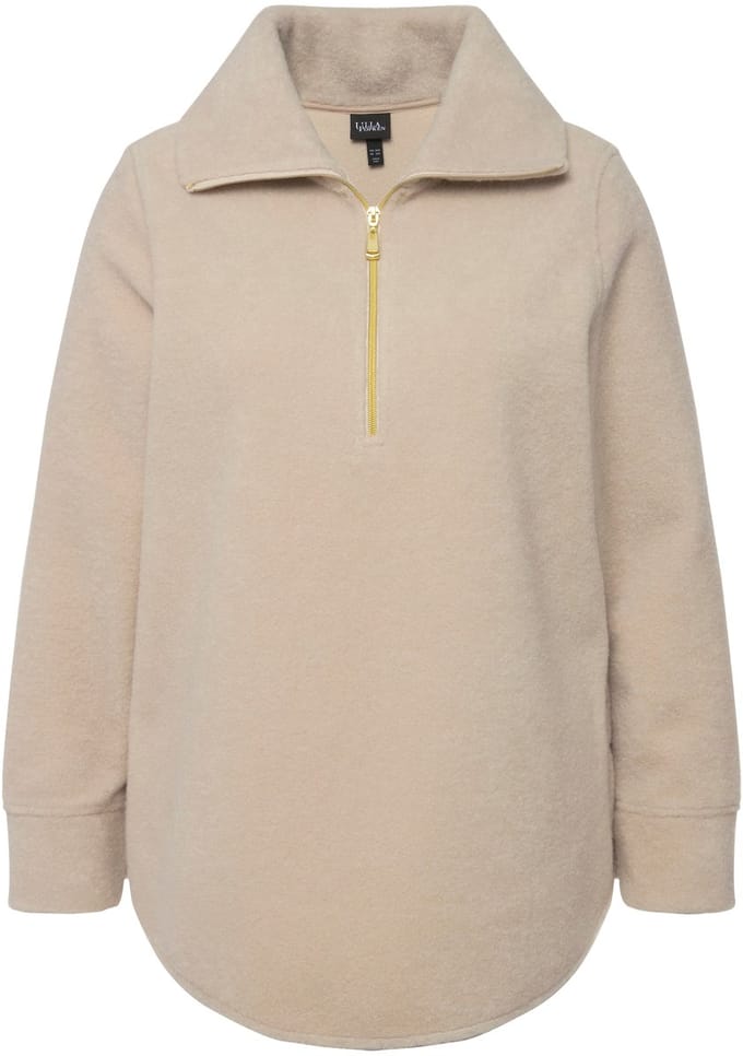 Ulla Popken - Dames - Fleeceshirt A-lijn opstaande kraag rits lange mouwen - Vanille - Maat 46+