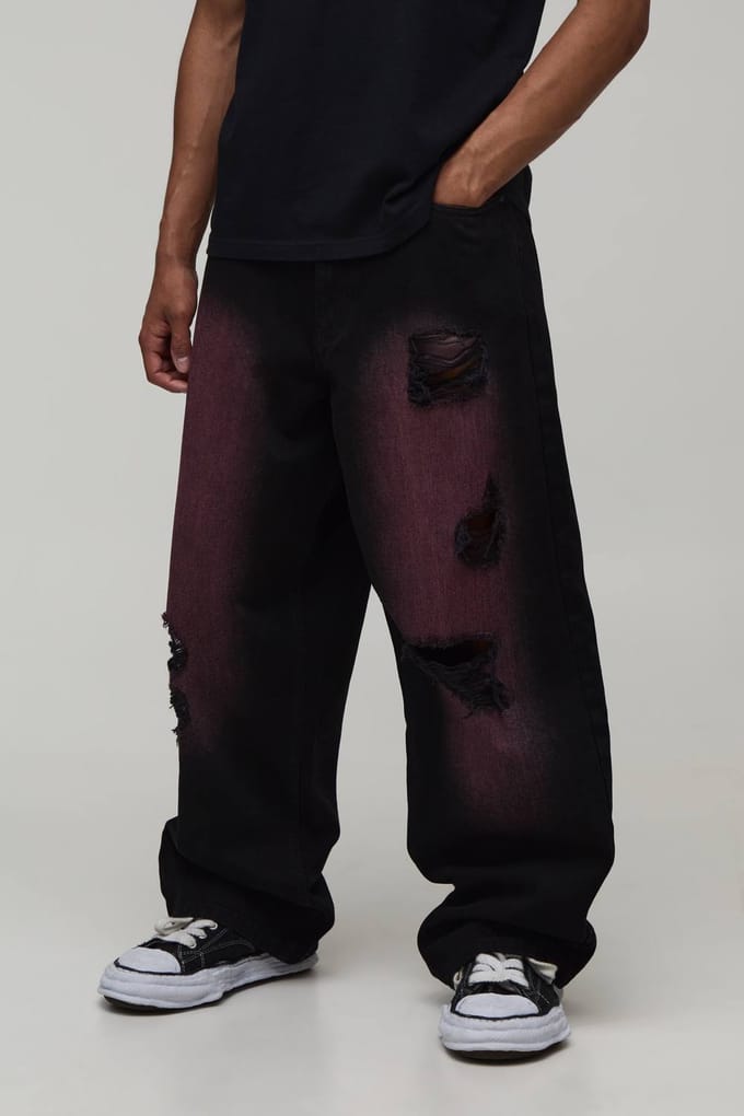 Roze Getinte Gescheurde & Gerepareerde Baggy Fit Jeans | Pink | Size 44R