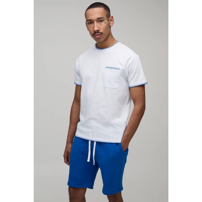 Contrasterende Deksteek Slim Fit T-shirt & Regular Fit Short Set | Blue | Size Medium