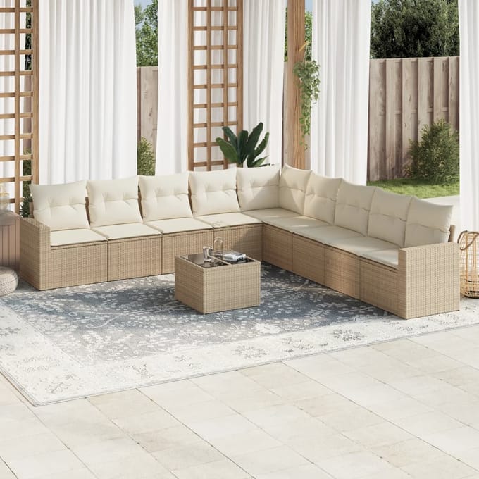 vidaXL - 10-delige - Loungeset - met - kussens - poly - rattan - beige