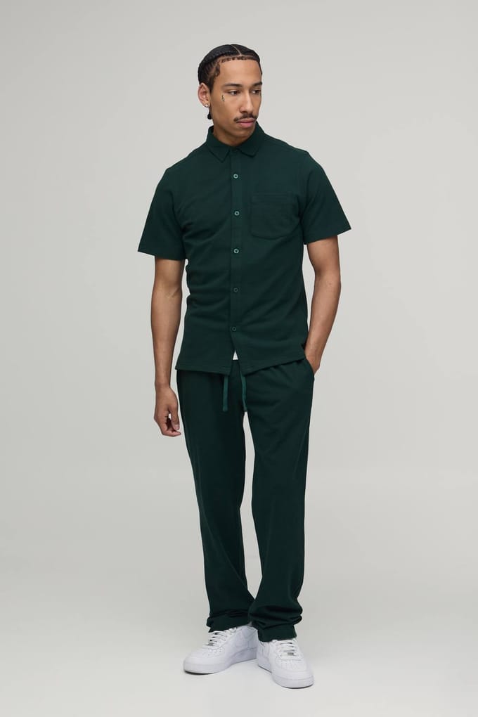 Slim Fit Short Sleeve Shirt and Tapered Trouser Set | Khaki | Size Medium